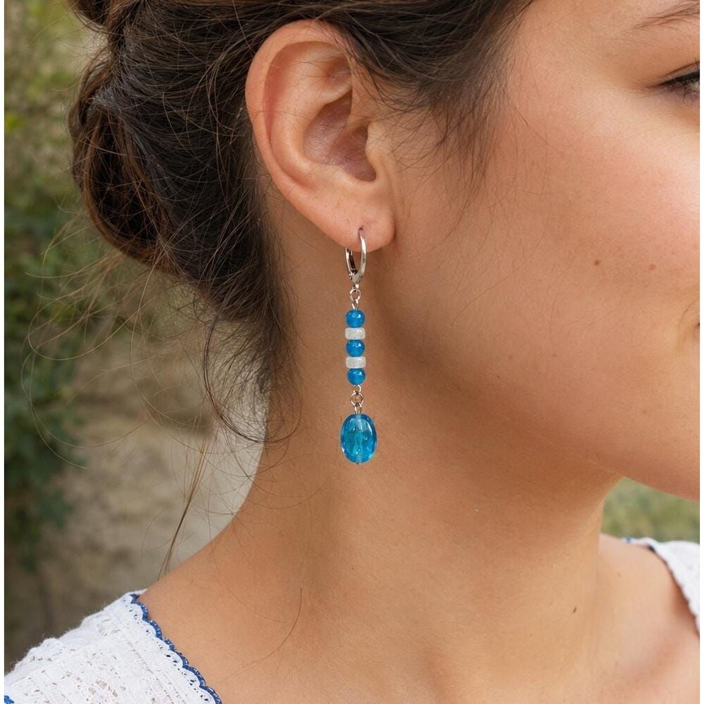 Aqua Quartz & Glass Earrings, Stainless Steel Leverback - Picture 4 of 9